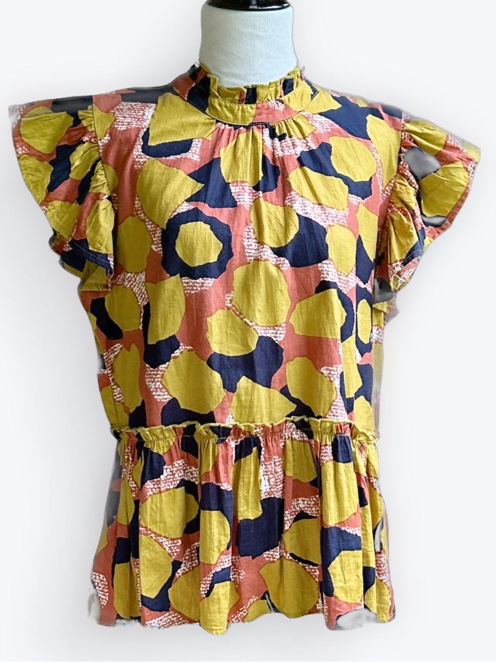 Modern Bohemian Whimsical Ruffled Artisan Spotted Cinched Waist Peplum Top ~ L